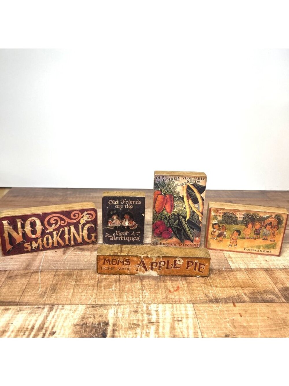 Vintage Wooden Block Signs Set Of 5 With Nostalgic Designs & Quotes